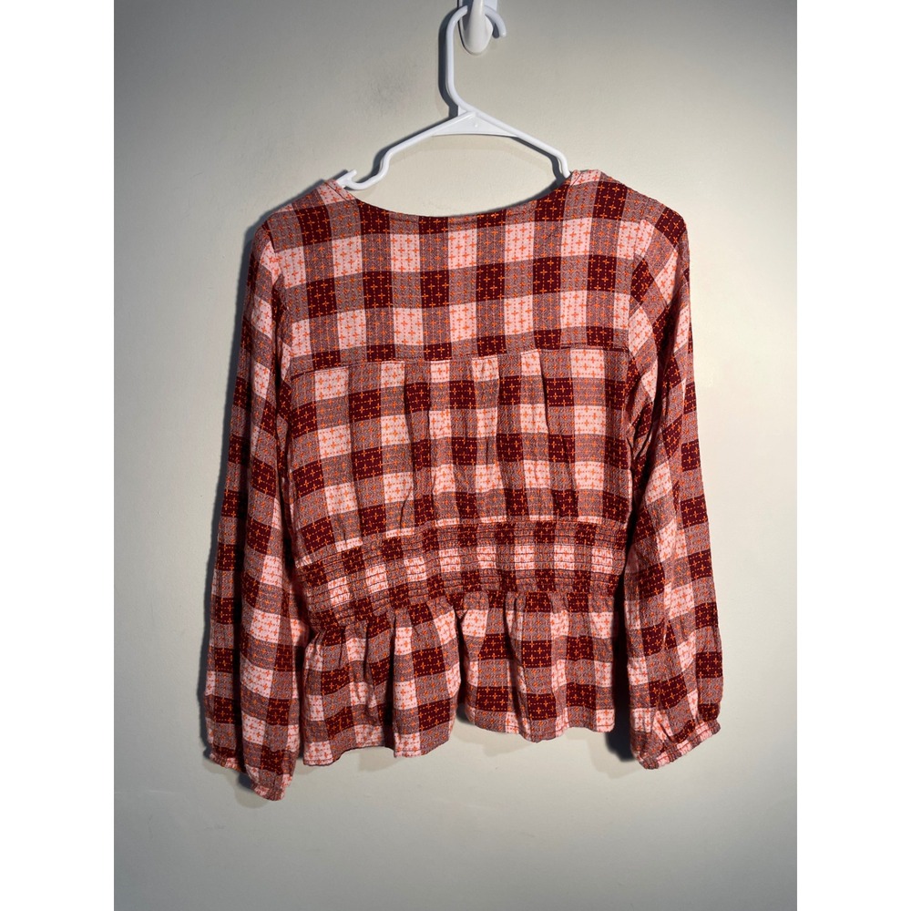 Anthropologie Red & Pink Plaid Peplum Blouse - Picture 6 of 10